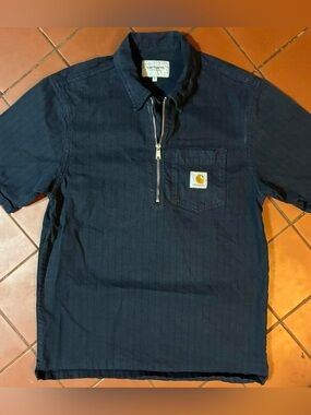 Carhartt WIP Men’s Trade Shirt Navy Blue Zip Collar Canvas Work Shirt Size S/M